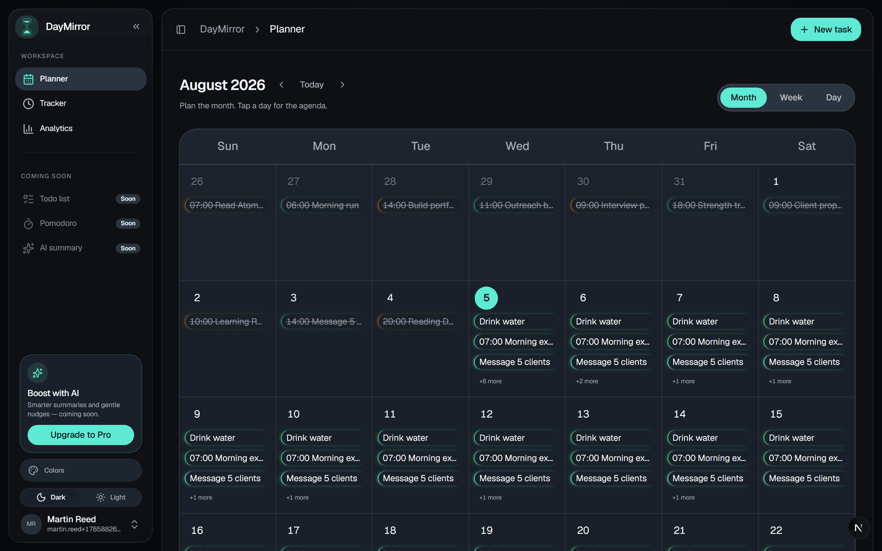 DayMirror Planner: month view with client meetings and deep work